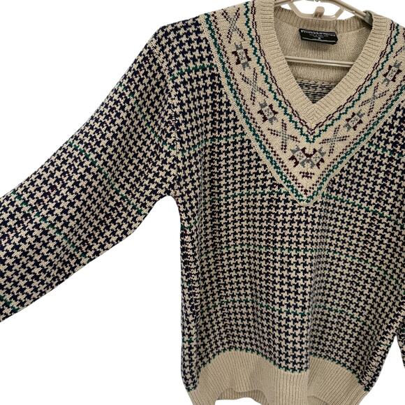 Preswick & Moore Vintage 100% Silk Fair Isle Houndstooth V Neck Sweater Small - Picture 3 of 6